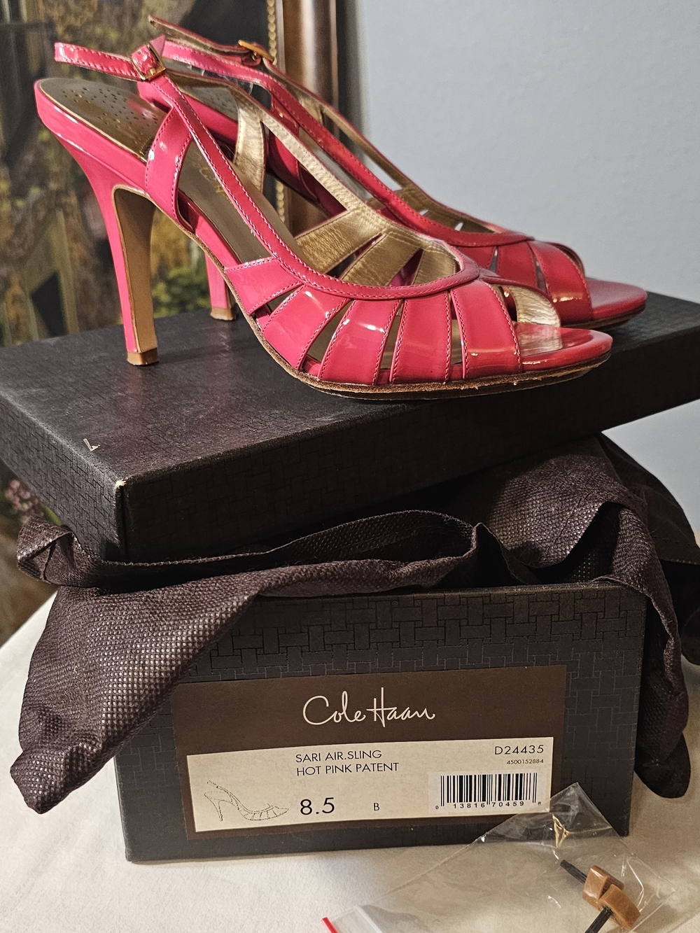 Cole Haan Pink Patent Slingback Heels with Gold Accent